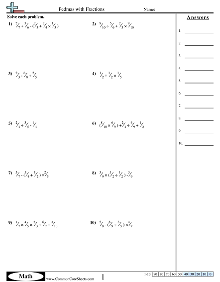 Fraction Worksheets - Pedmas with Fractions worksheet